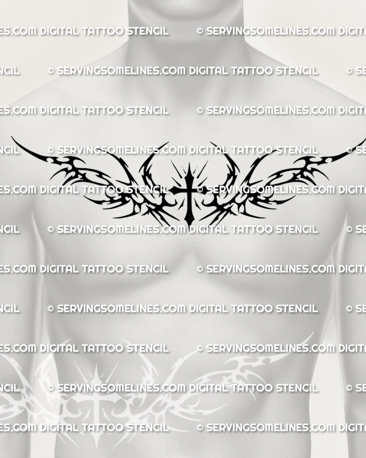 Neotribal cross chest tattoo stencil shown on men’s chest placement with bold black sidework and centered cross
