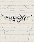 Neotribal cross tattoo stencil shown across women’s collarbone area with bold blackwork and upper chest placement
