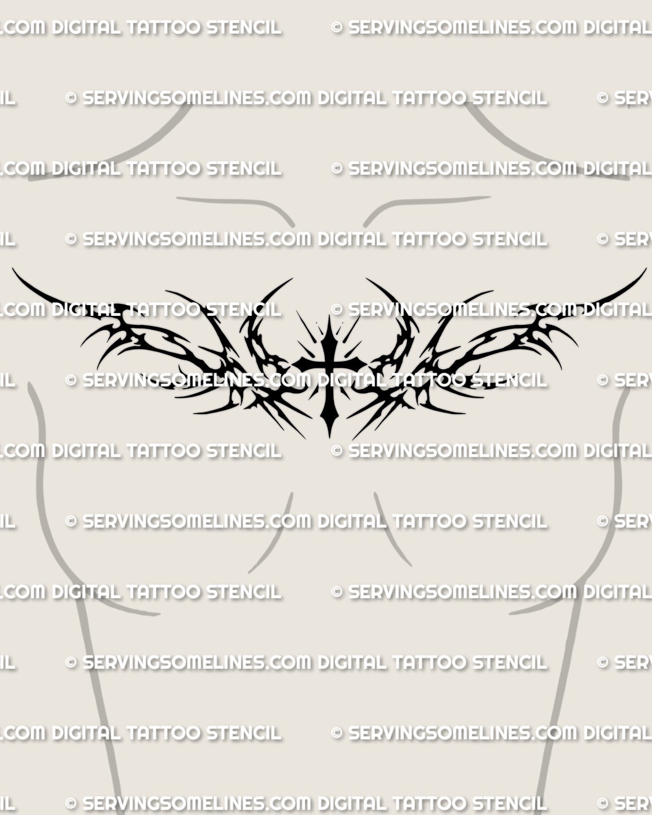 Neotribal cross tattoo stencil shown across women’s collarbone area with bold blackwork and upper chest placement