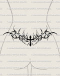 Neotribal cross lower back tattoo shown on female lower back placement with a bold center cross and wide tribal framing