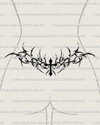 Neotribal cross lower back tattoo shown on female lower back placement with a bold center cross and wide tribal framing
