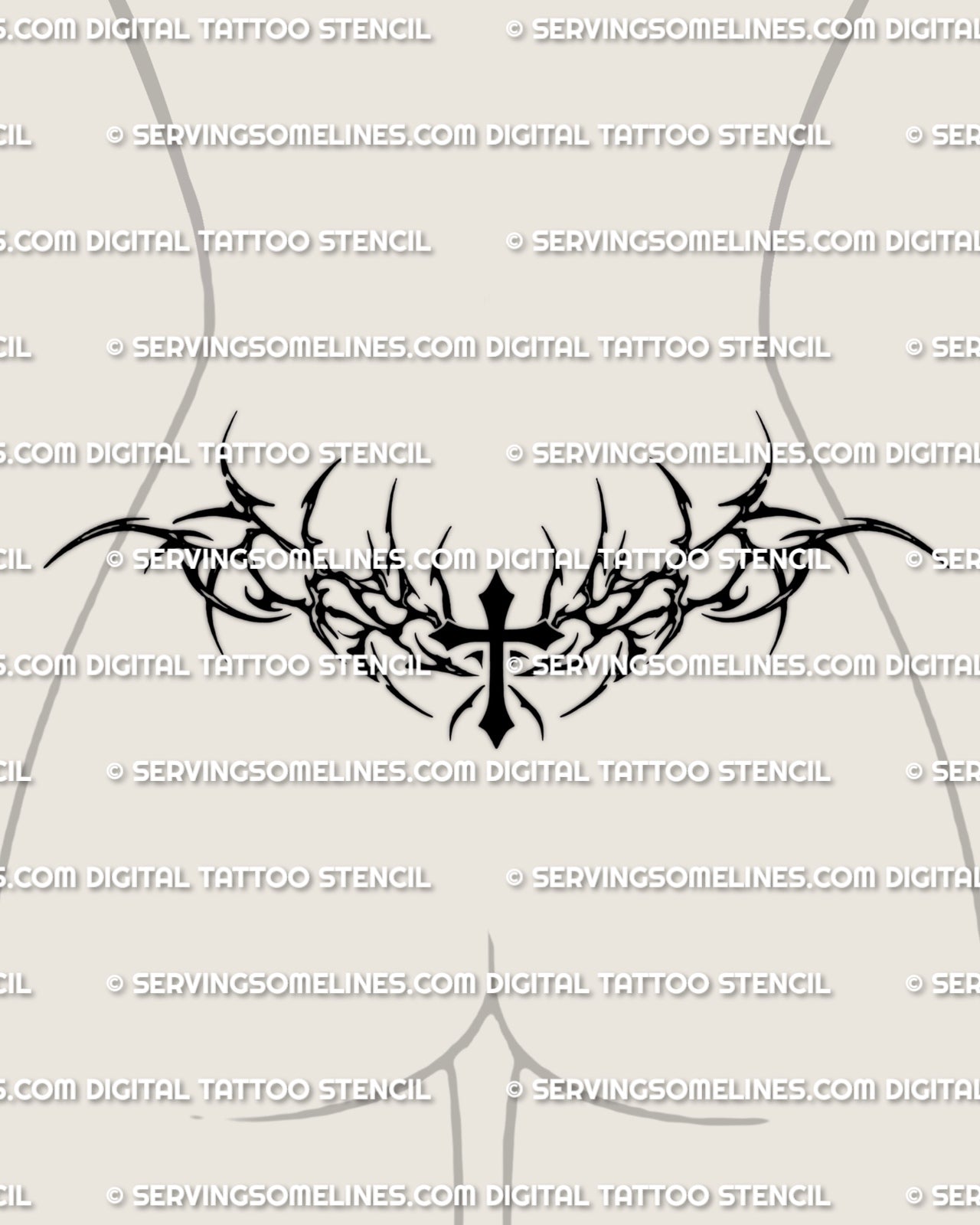 Neotribal cross lower back tattoo shown on female lower back placement with a bold center cross and wide tribal framing