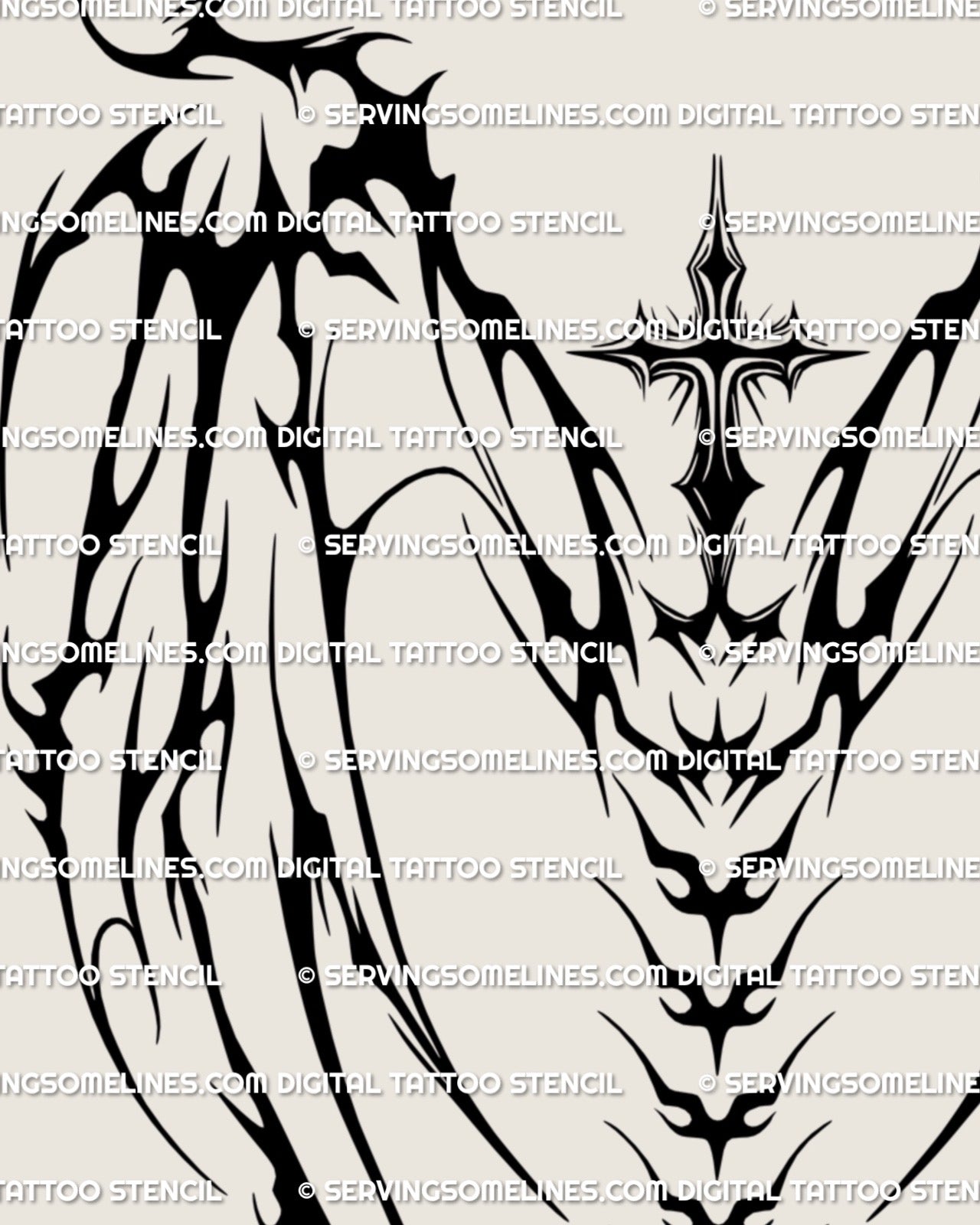 Close up of neotribal cross wings tattoo design with clean blackwork lines and vertical spine ornament for gothic full-back tattoo ideas.