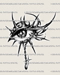 Neotribal crying eye tattoo stencil design, dark eye emblem with chained teardrop charm, printable PNG JPG PDF files.