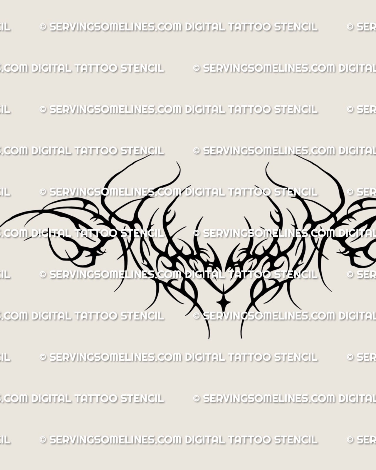 neotribal cyber branch chest tattoo stencil with hidden heart center element, shown as a clean high resolution design preview for printing