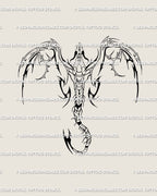 Neotribal cyber dragon tattoo stencil with cybersigilism wings and razor lines, digital gothic design for chest, back or sternum placements.