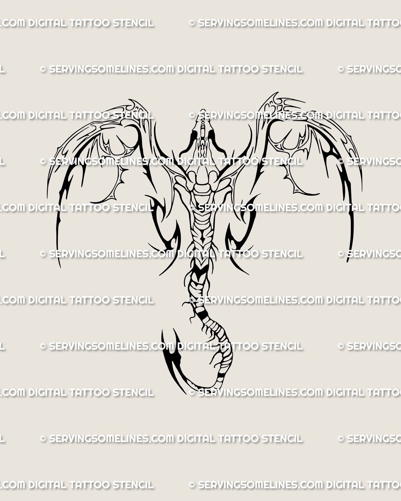 Neotribal cyber dragon tattoo stencil with cybersigilism wings and razor lines, digital gothic design for chest, back or sternum placements.