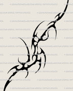 Close-up of neotribal cyber sigilism tattoo stencil showing gothic Y2K tribal details, sharp hand-drawn black lines. High-resolution digital tattoo file.