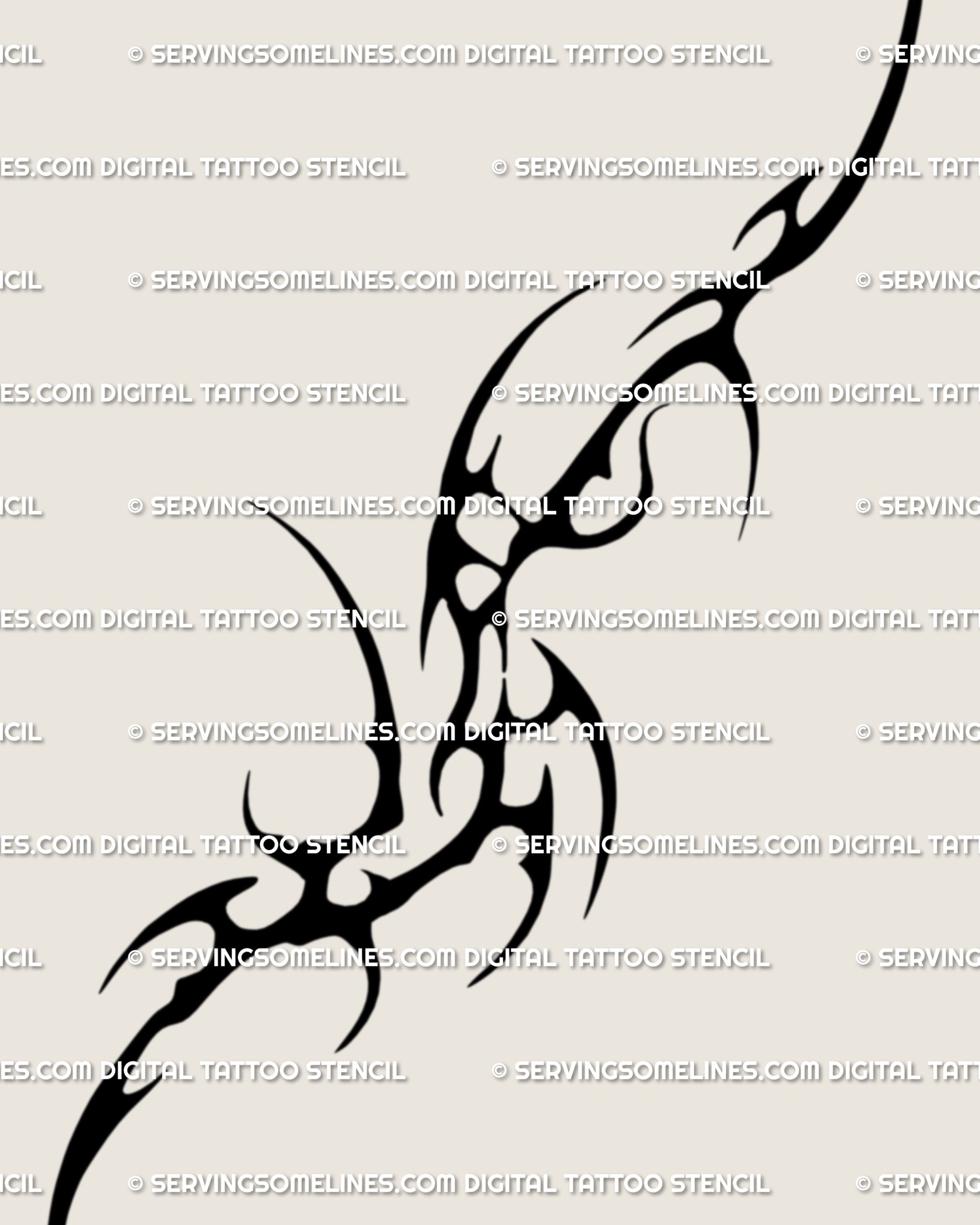 Close-up of neotribal cyber sigilism tattoo stencil showing gothic Y2K tribal details, sharp hand-drawn black lines. High-resolution digital tattoo file.