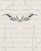 Men’s neotribal cybersigilism chest tattoo design, bold symmetrical black linework collarbone crest with modern cyber tribal flow.
