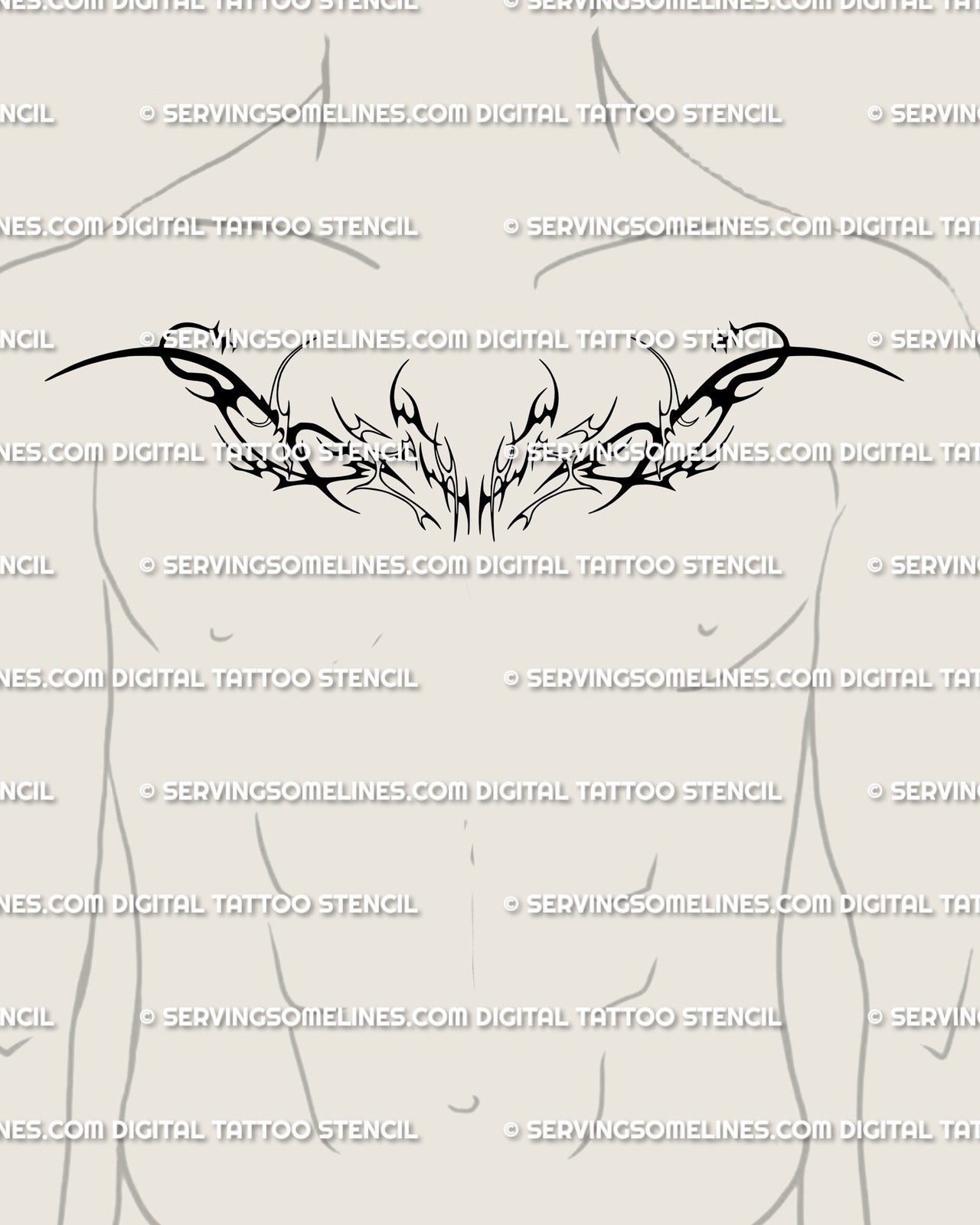 Men’s neotribal cybersigilism chest tattoo design, bold symmetrical black linework collarbone crest with modern cyber tribal flow.