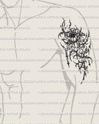 Neotribal peony cybersigilism tattoo stencil shown on upper arm placement example, digital download