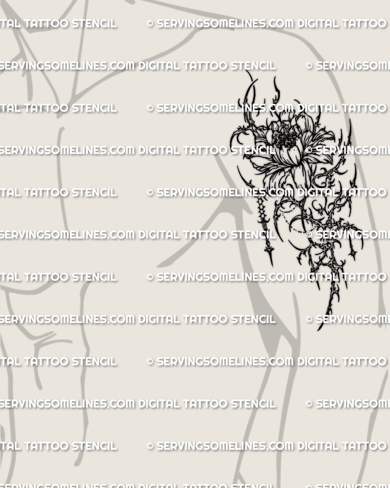 Neotribal peony cybersigilism tattoo stencil shown on upper arm placement example, digital download