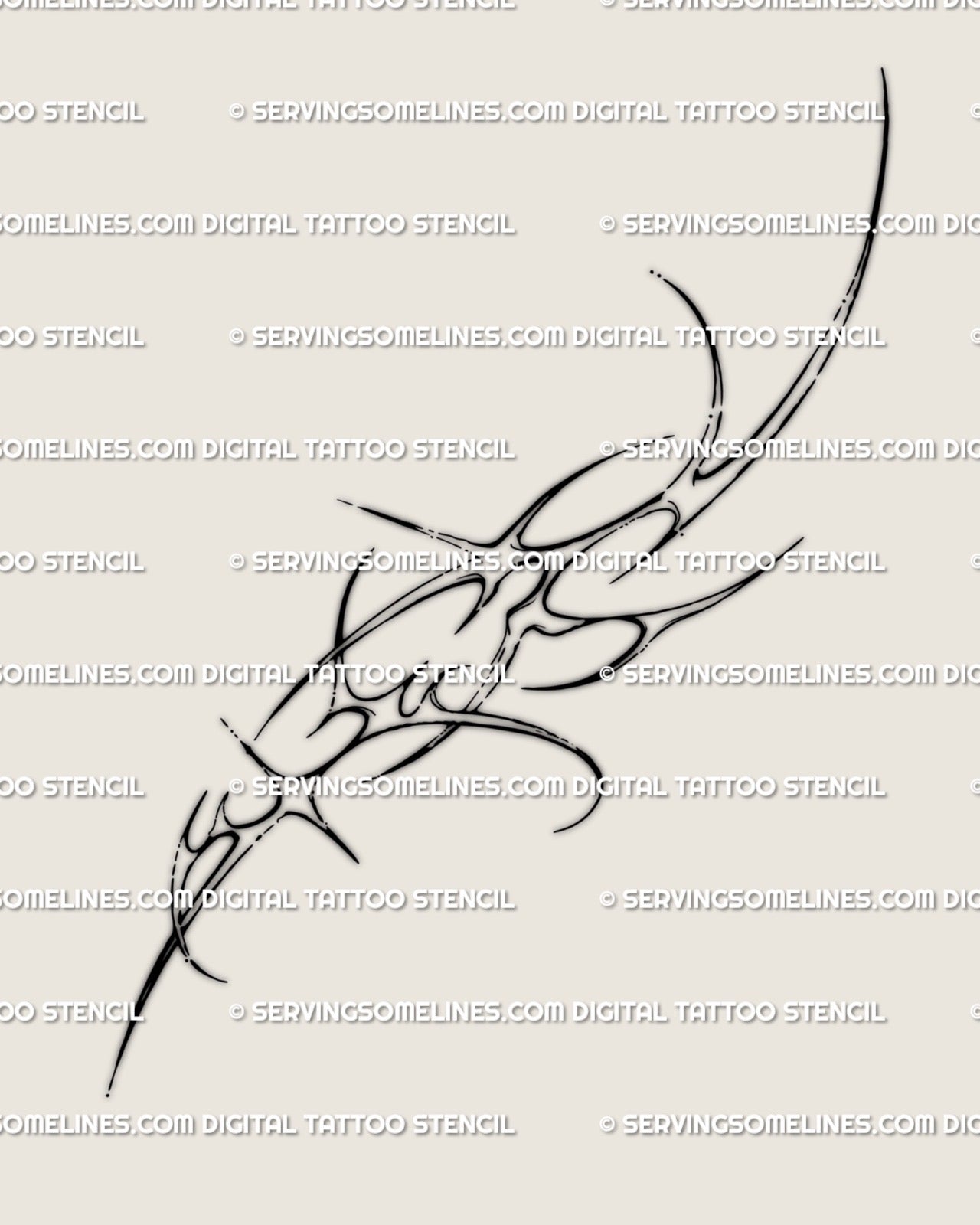 Digital neotribal cybersigilism tattoo design with abstract spiky ornament flow and star shapes, drawn as a clean black line stencil.