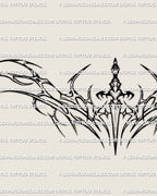 Close detail of the neotribal dagger lower back tattoo stencil, showing the central blade and sharp outer spread.