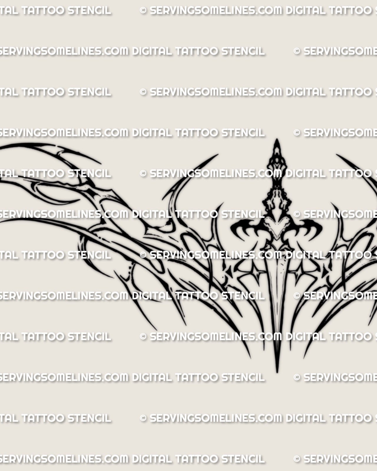 Close detail of the neotribal dagger lower back tattoo stencil, showing the central blade and sharp outer spread.