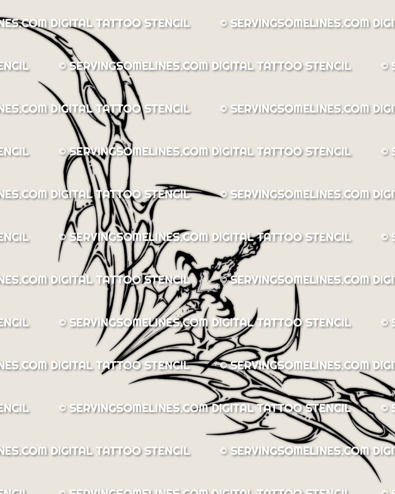 Neotribal dagger lower back tattoo stencil design shown as a full layout with a centered dagger and wide neotribal framing.