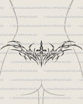 Neotribal dagger lower back tattoo shown on women's lower back placement example with a centered blade and sharp tribal spread.
