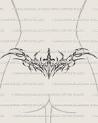 Neotribal dagger lower back tattoo shown on women's lower back placement example with a centered blade and sharp tribal spread.