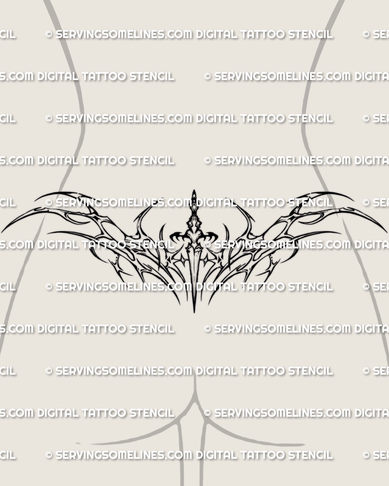 Neotribal dagger lower back tattoo shown on women's lower back placement example with a centered blade and sharp tribal spread.