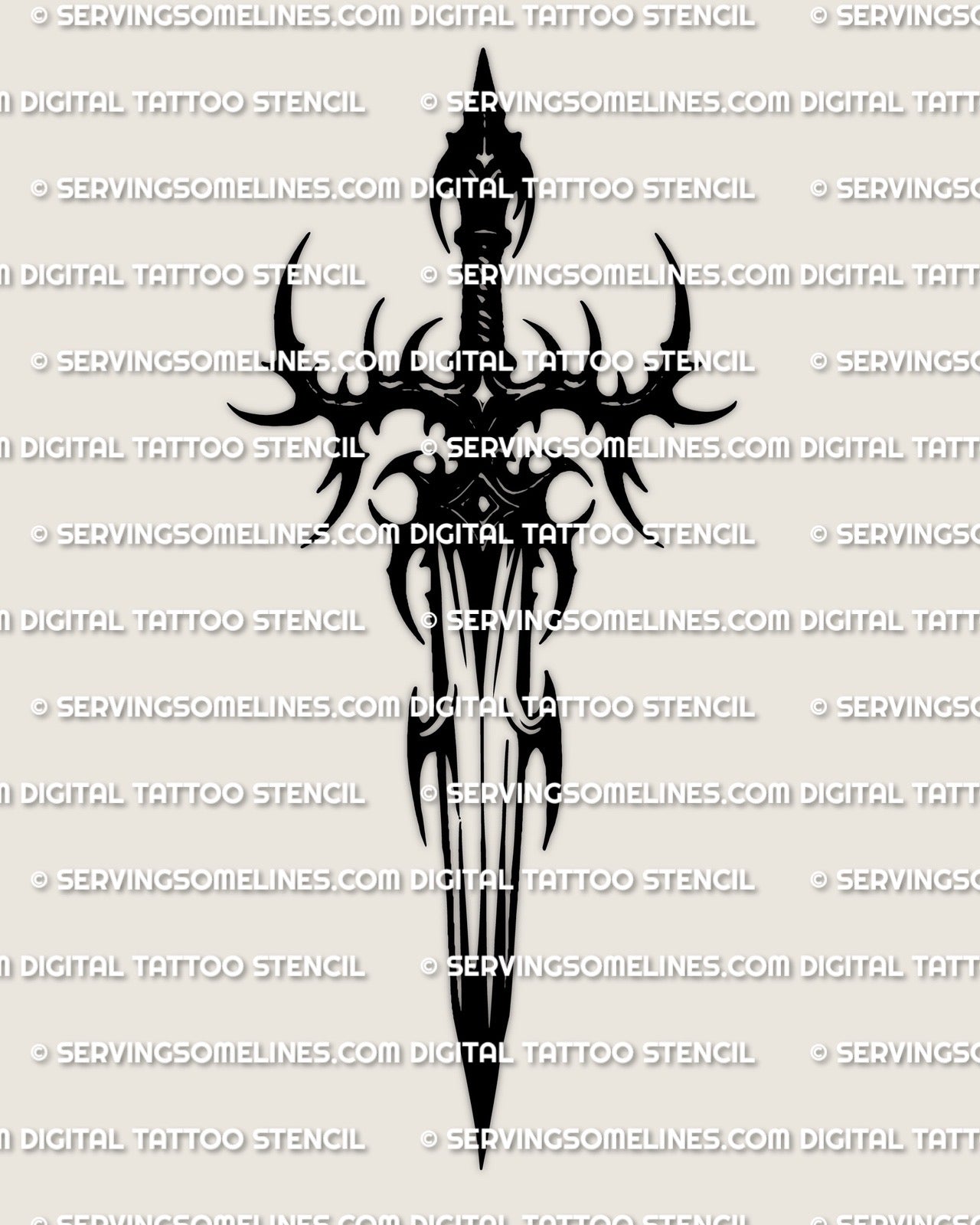 Neotribal dagger tattoo stencil design, bold black flow fields with clean dagger blade silhouette, printable PNG for stencil use.