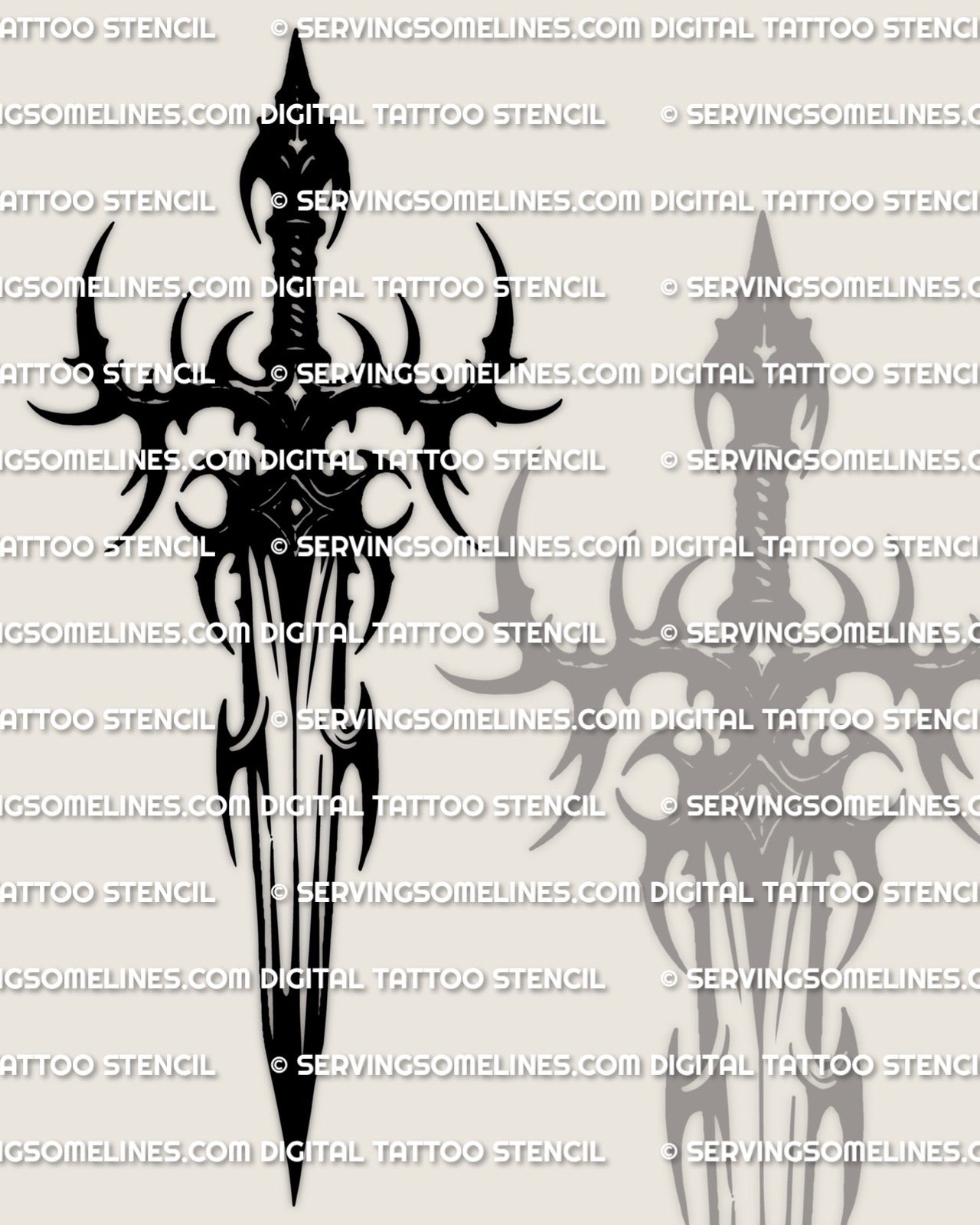 Neotribal dagger tattoo stencil with sharp dagger silhouette and heavy black neotribal shapes, instant download file for tattoo stencil use.