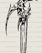 Close-up of neotribal dagger tattoo stencil showing two small hearts in blade handle, gothic cyber linework and sharp black details.