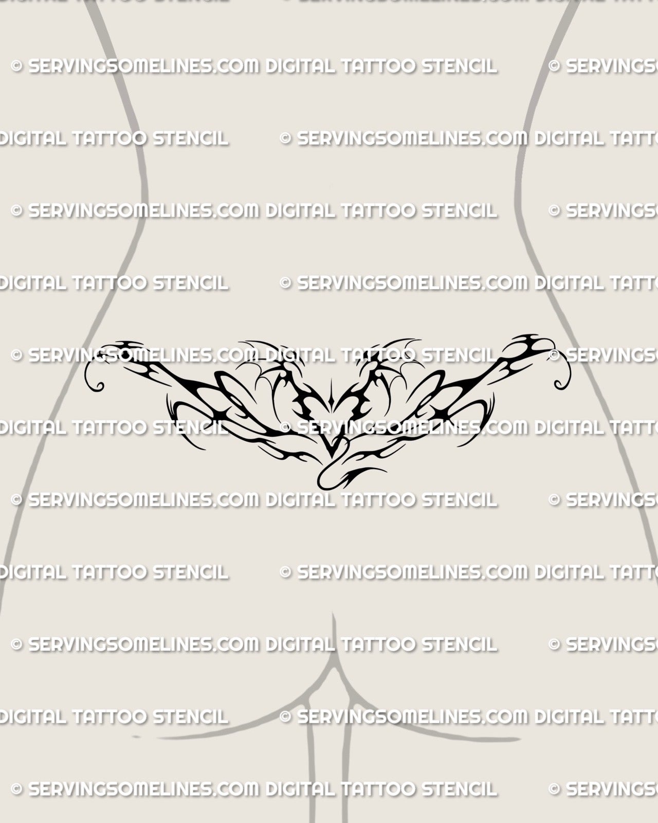 lower back design showing a neotribal devil heart tattoo with dark feminine curves, flowing fire inspired arcs, and balanced ornamental lines across the waist