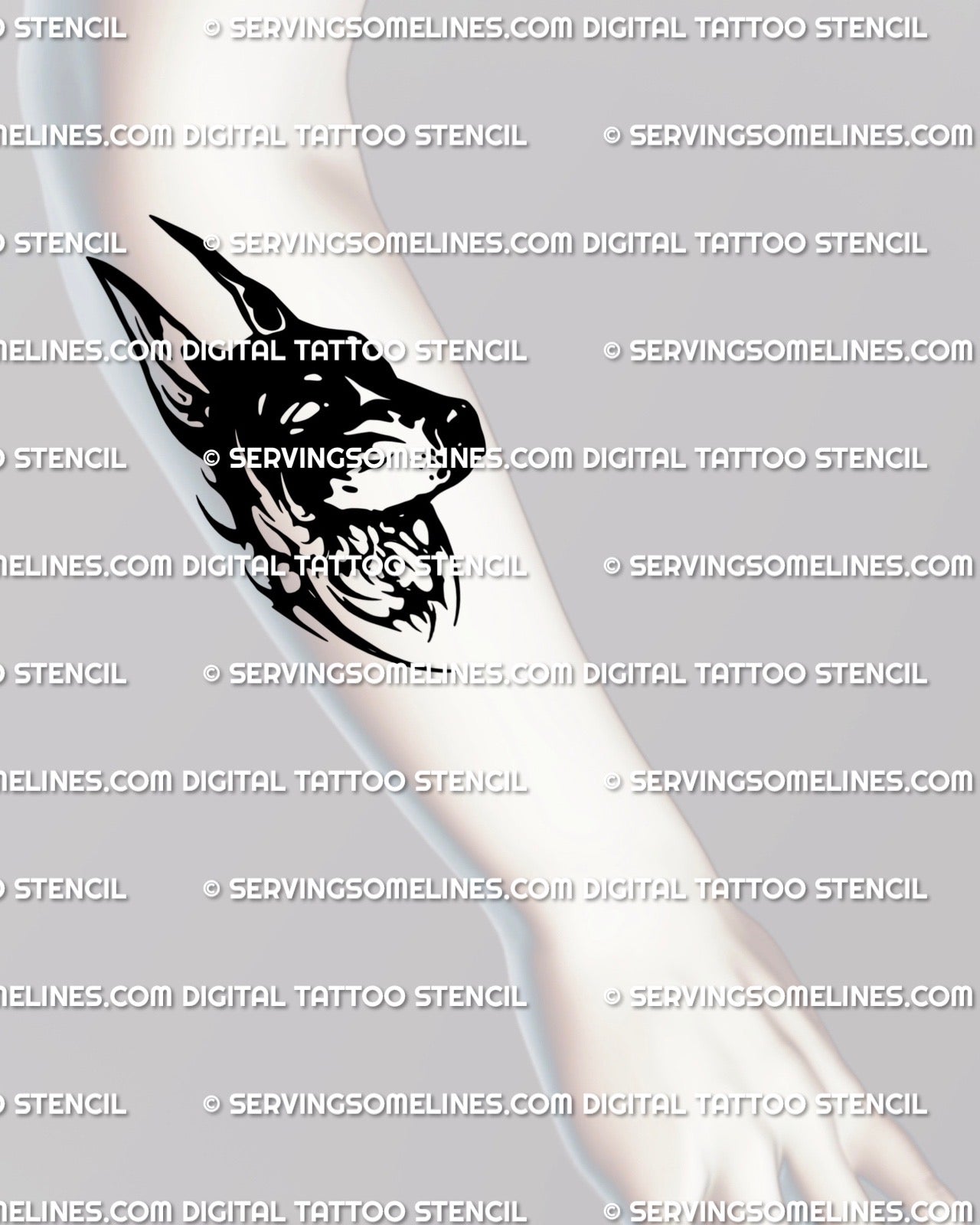 Blackwork dog head tattoo placed on the forearm for a bold vertical read. Strong contour lines and dark energy fitting cleanly along the arm length.