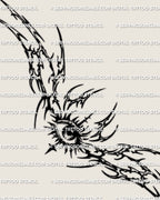 Neotribal eye lower back tattoo stencil design download shown as a full layout with a central eye motif and wide spiky framing.