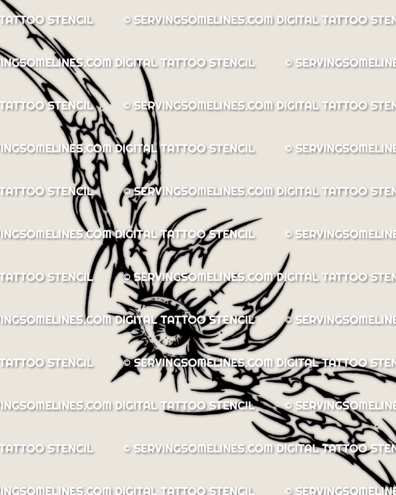 Neotribal eye lower back tattoo stencil design download shown as a full layout with a central eye motif and wide spiky framing.
