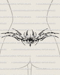 Neotribal eye lower back tattoo shown on women's lower back placement example with a centered eye and sharp tribal spread.