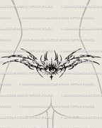 Neotribal eye lower back tattoo shown on women's lower back placement example with a centered eye and sharp tribal spread.