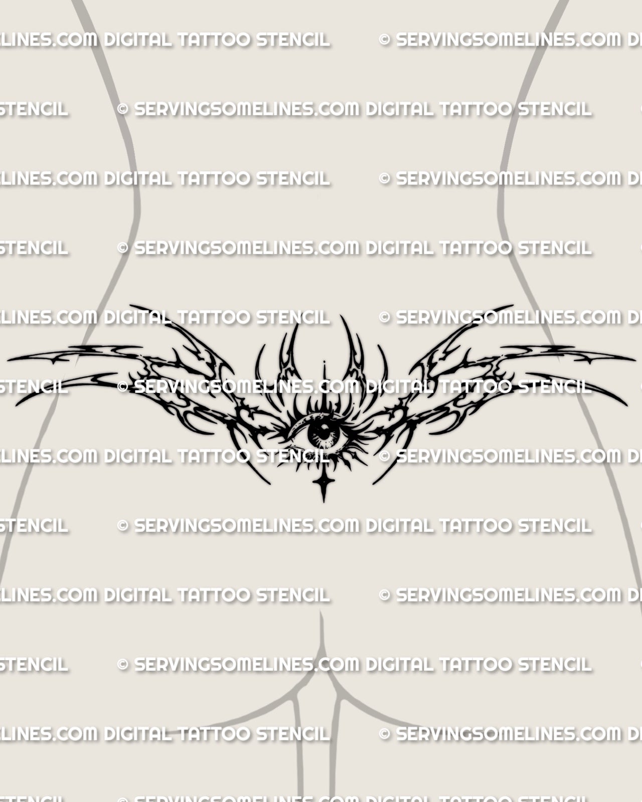 Neotribal eye lower back tattoo shown on women's lower back placement example with a centered eye and sharp tribal spread.