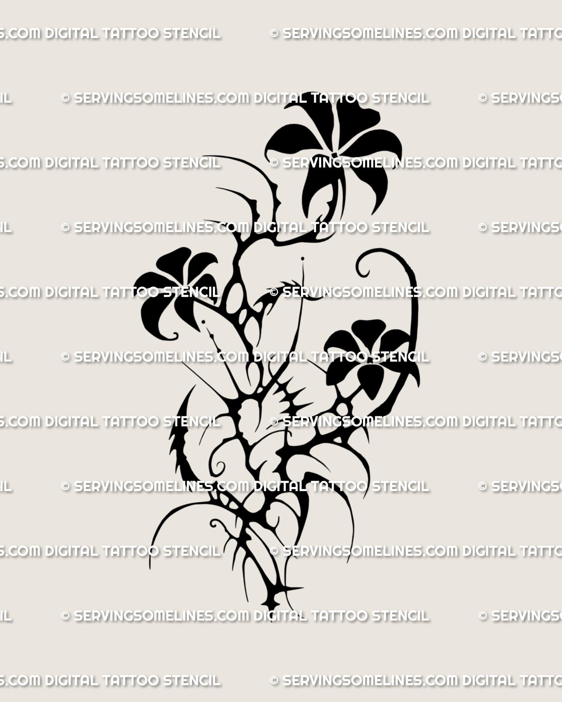 Neotribal flower tattoo stencil featuring three black floral motifs in dark cybersigilism style, bold emo-floral design for alternative tattoos.