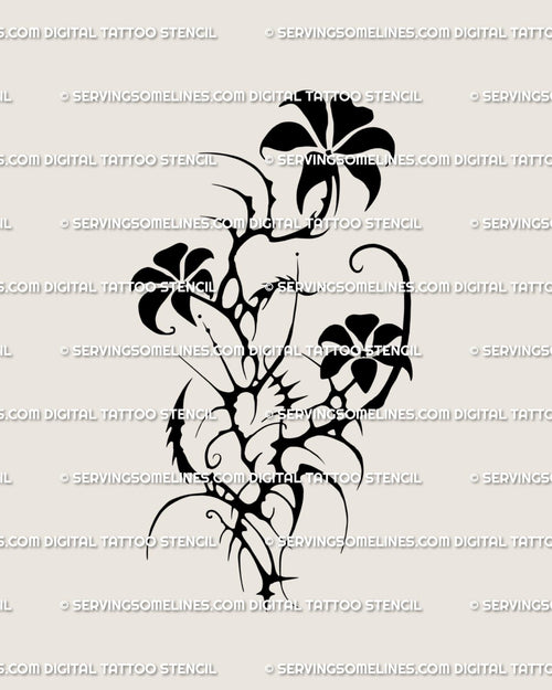Neotribal flower tattoo stencil featuring three black floral motifs in dark cybersigilism style, bold emo-floral design for alternative tattoos.