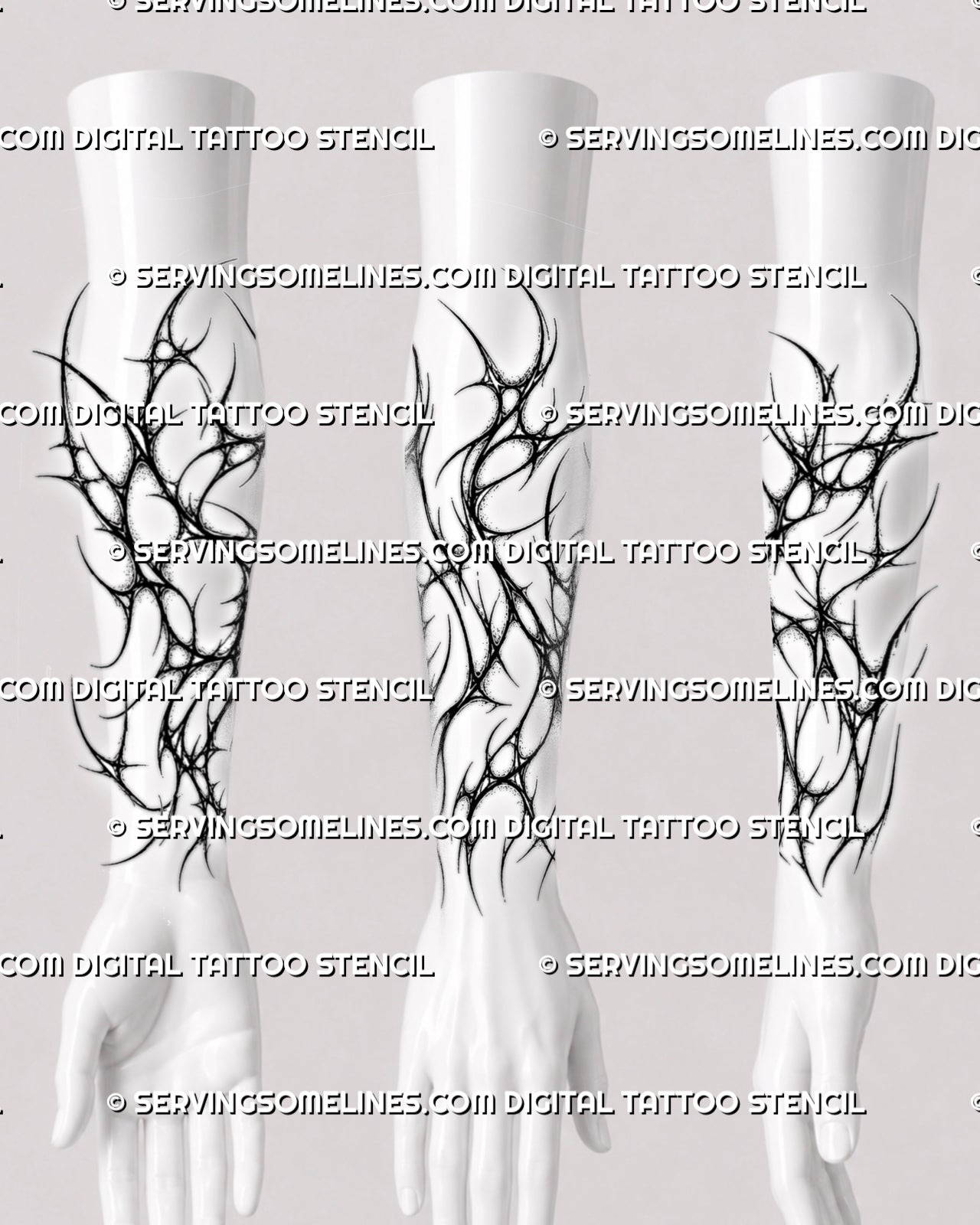 Neotribal forearm sleeve tattoo stencil shown as a wraparound lower arm preview from multiple angles