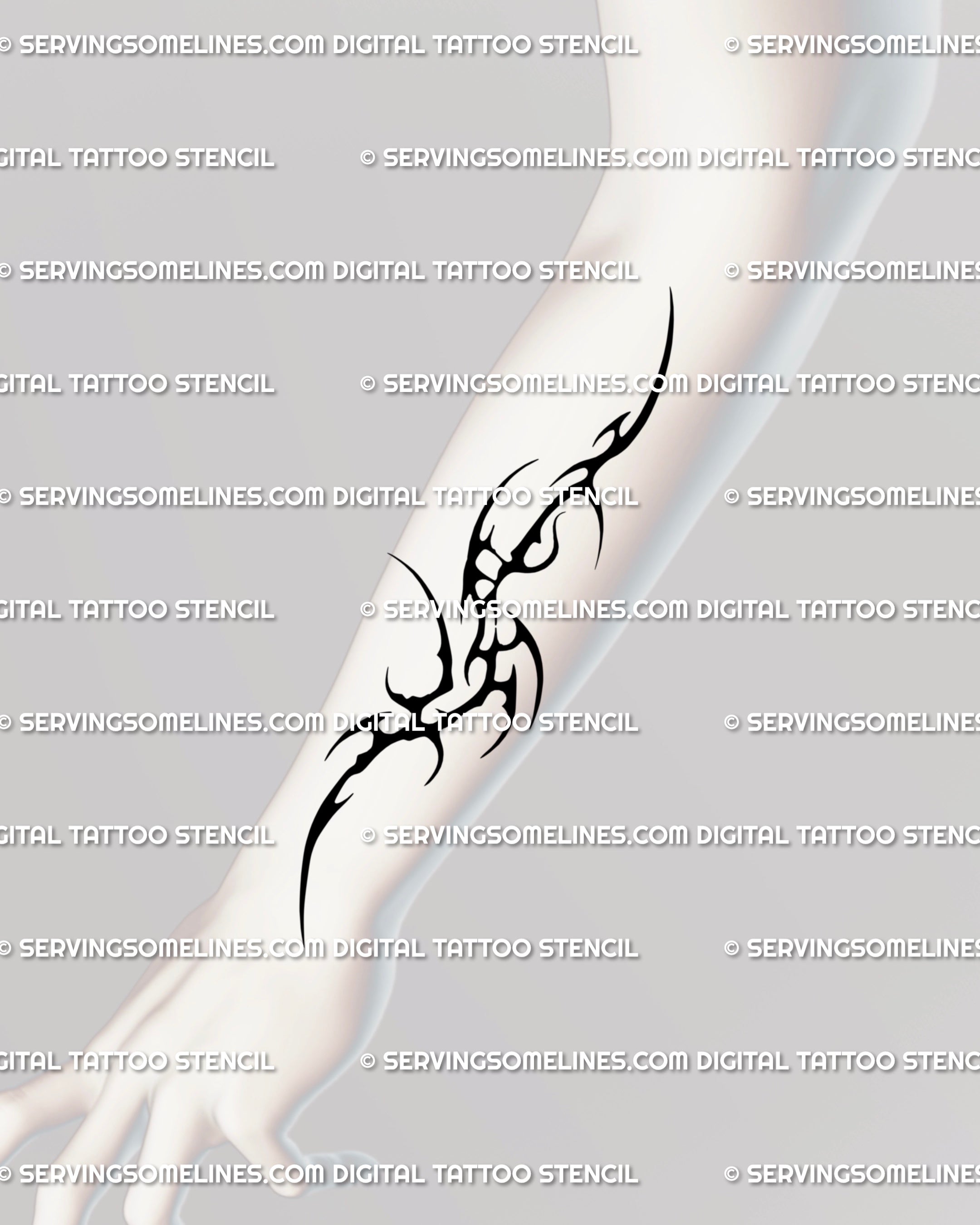 Neotribal forearm tattoo stencil in cyber sigilism style, medium-sized neo gothic tribal Y2K design. Hand-drawn digital download ready for tattoo artists.