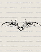 Neotribal gothic heart tattoo design, winged tramp stamp stencil drawn in clean black linework, digital download ready to print.
