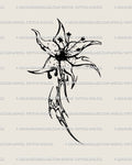 Neotribal gothic lily tattoo stencil design file, dark vertical flower artwork prepared as a printable tattoo download.