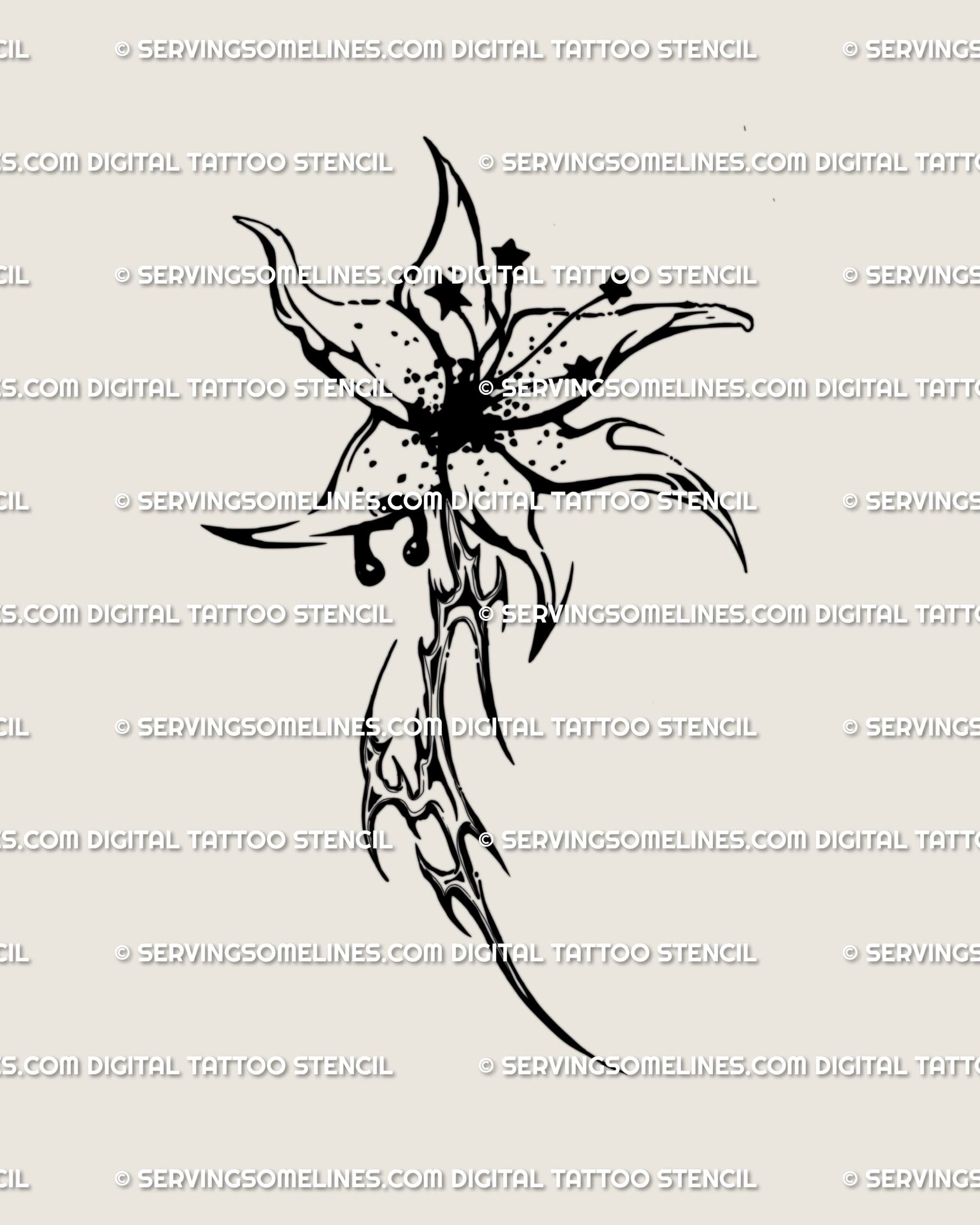 Neotribal gothic lily tattoo stencil design file, dark vertical flower artwork prepared as a printable tattoo download.