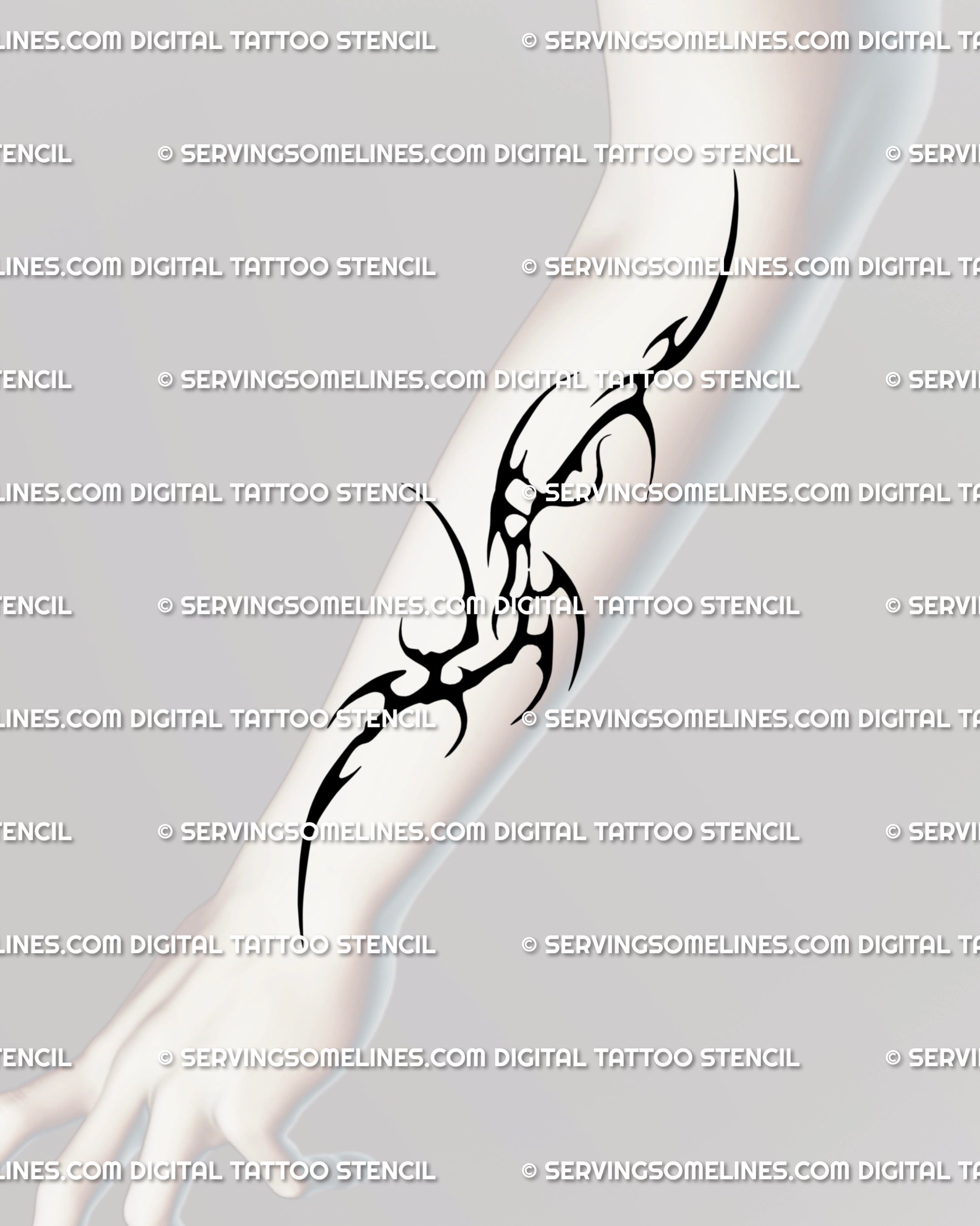 Neotribal half sleeve tattoo stencil on forearm, bold cyber sigilism design with neo gothic tribal Y2K flow. Printable digital file for tattoo sleeve ideas.