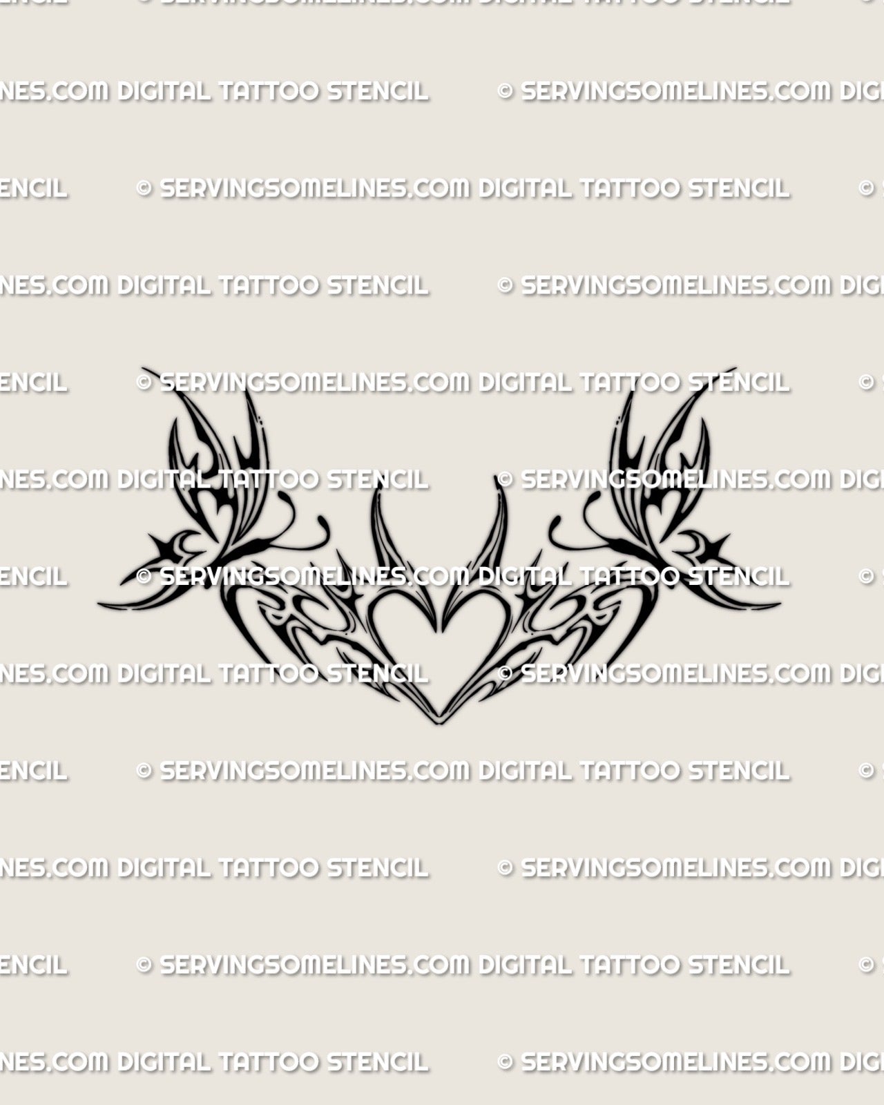 Neotribal heart butterfly lower back tattoo stencil design download shown as a full layout with pointed heart center.