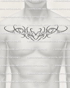 Modern neotribal heart chest tattoo stencil shown on men’s chest center, cyber-tribal linework design with balanced ornamental curves