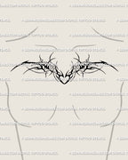 Neotribal heart chest tattoo stencil shown on women's chest placement example with a centered heart and balanced winged spread.
