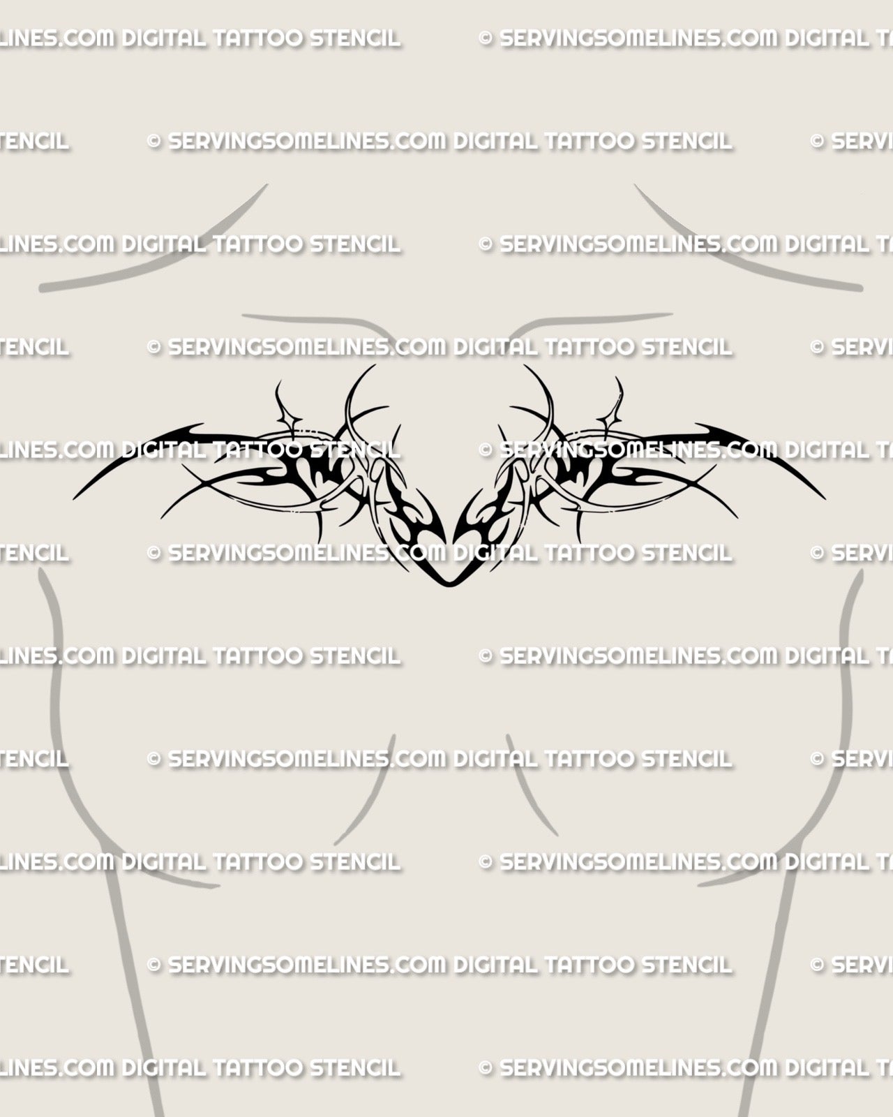 Neotribal heart chest tattoo stencil shown on women's chest placement example with a centered heart and balanced winged spread.