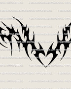 Neotribal heart chestpiece tattoo stencil shown as a clean digital design, bold tribal curves forming a centered modern chest motif