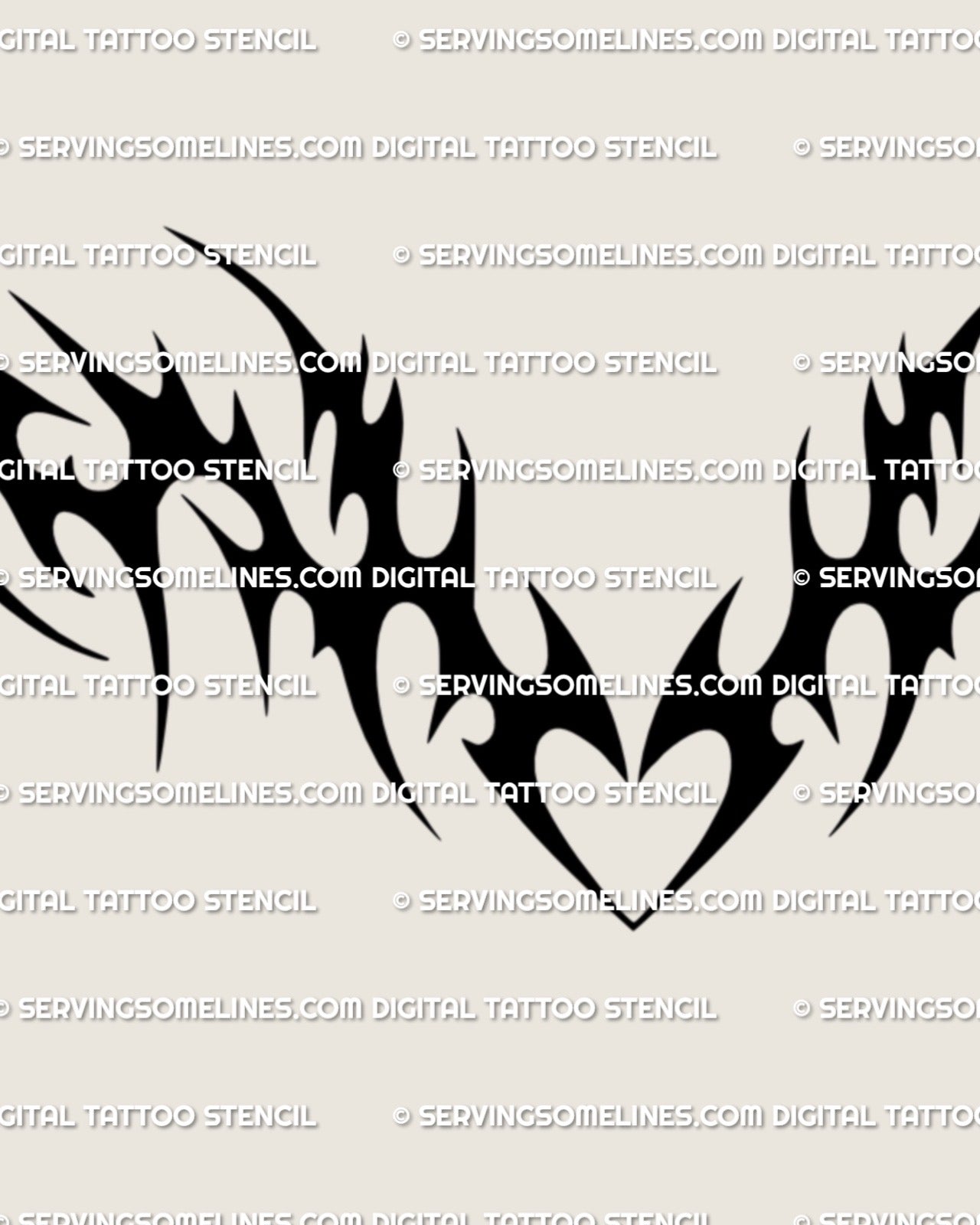 Neotribal heart chestpiece tattoo stencil shown as a clean digital design, bold tribal curves forming a centered modern chest motif