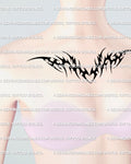 Neotribal heart chestpiece digital stencil shown on a woman’s chest, bold tribal curves fitting the collarbone shape in a clean centered preview