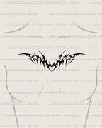 Neotribal heart chestpiece stencil preview on a woman’s collarbone, curved tribal wings sitting naturally across the upper chest area